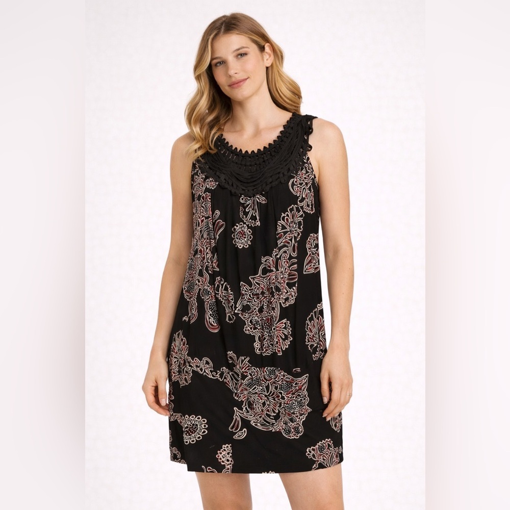Perception Concept Black Floral Sleeveless Dress Large‎ Boho Stretch USA Made